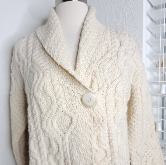 INIS CRAFTS Merino Wool Chunky Knit Cardigan Cream M. - Picture 5 of 9